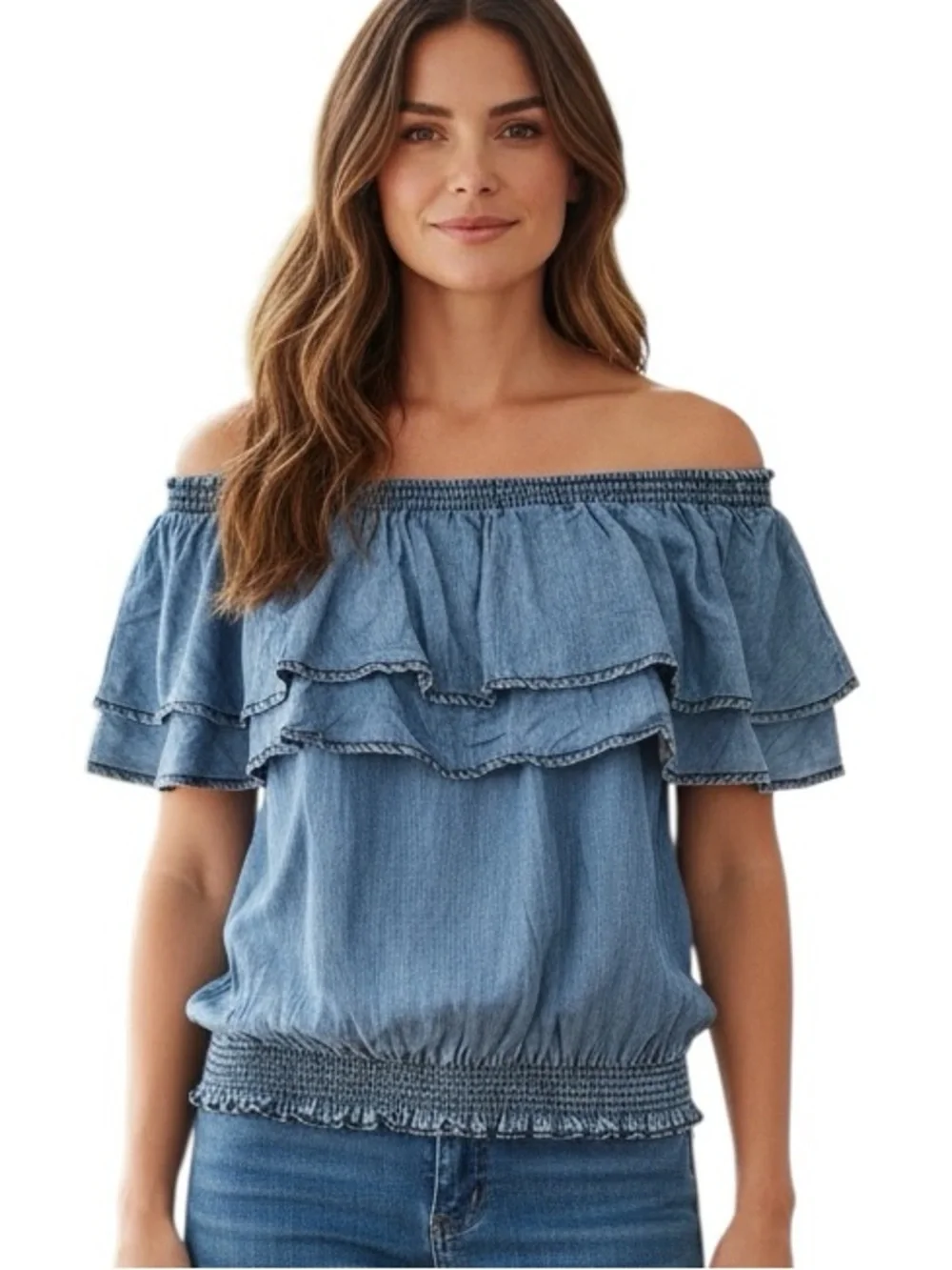 SNEAK PEEK: NWT Denim Ruffled Off-Shoulder Crop Top -Size Large